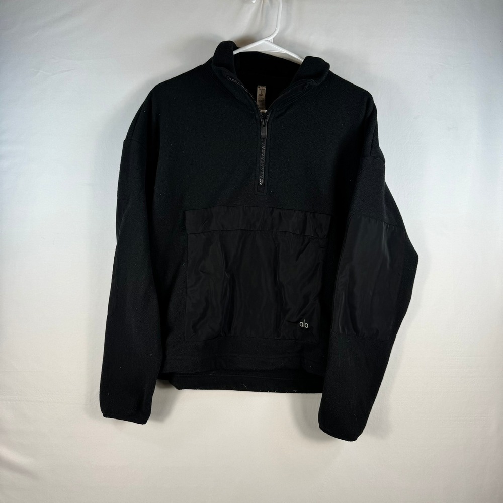 Alo Yoga Mens Black Fleece Half Zip Pullover Jacket Small Mixed Media Pocket